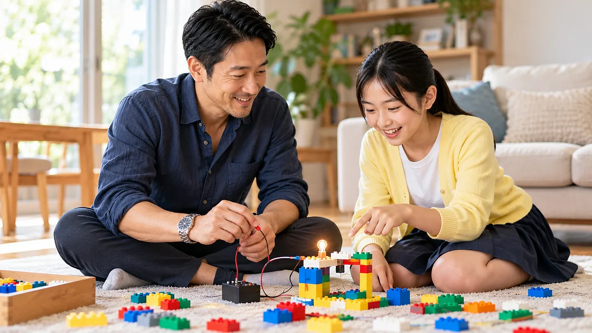 カラフルなブロックと簡単な電気回路で遊びながら話す父と娘