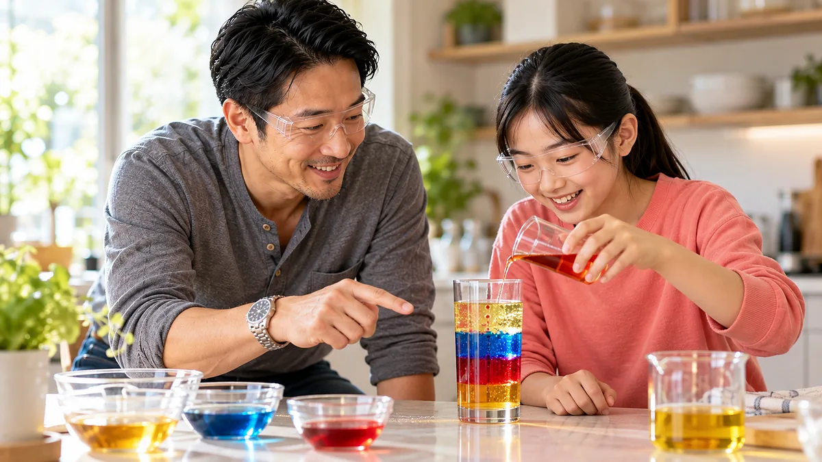 キッチンで色水と油を使った密度の実験をする娘と見守る父