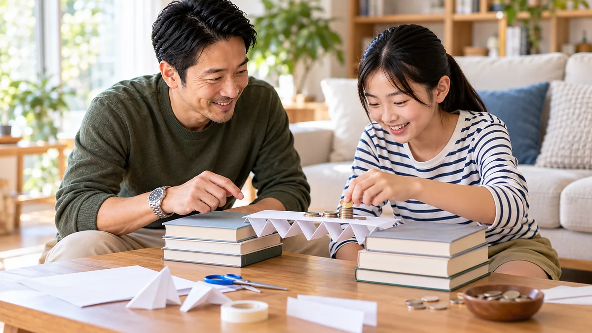 紙で作った橋にコインを載せて強度を試す娘と父
