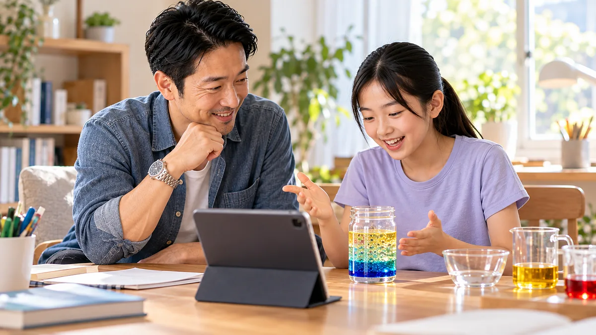 実験の説明を英語でタブレットに録画する娘と、聞き役の父