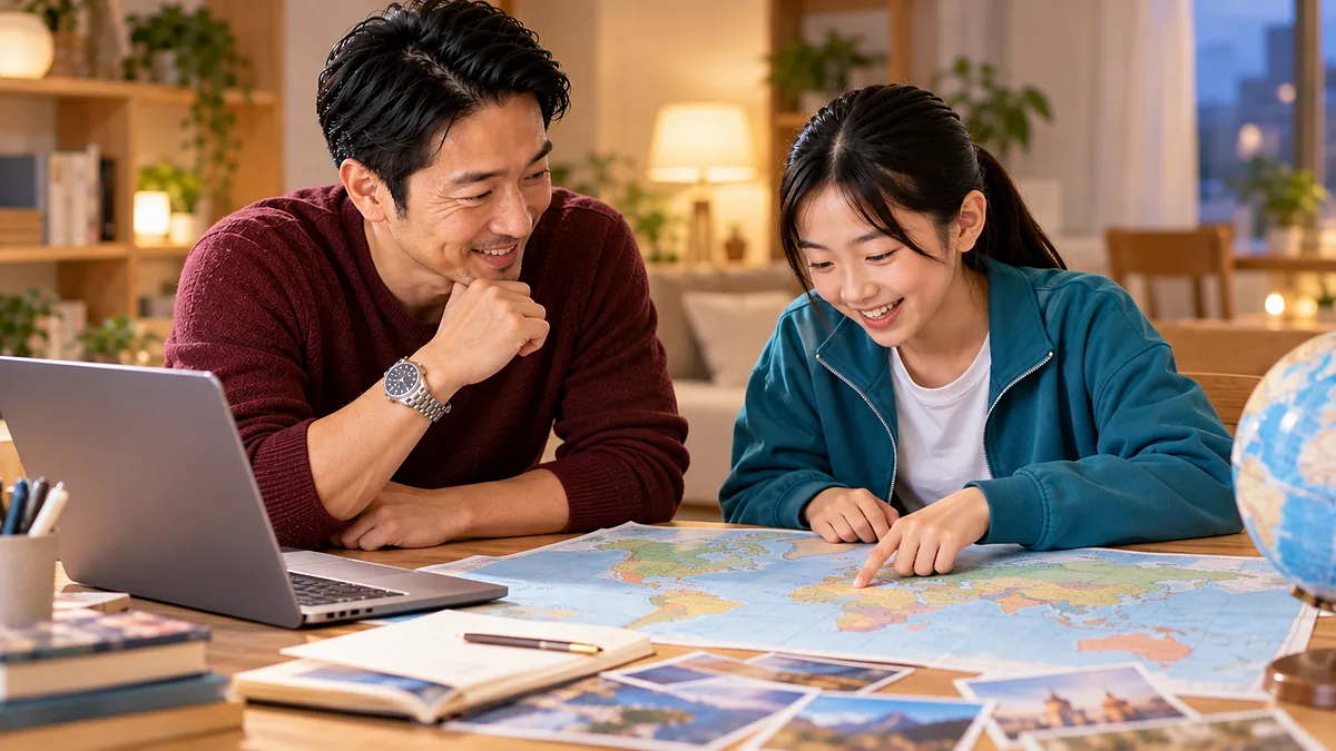 世界地図とノートパソコンを見ながら海外の夏のプログラムを相談する父と娘