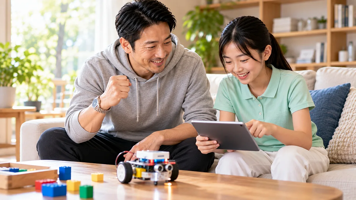 ソファでタブレットを使い小さなロボットをプログラミングする娘と父