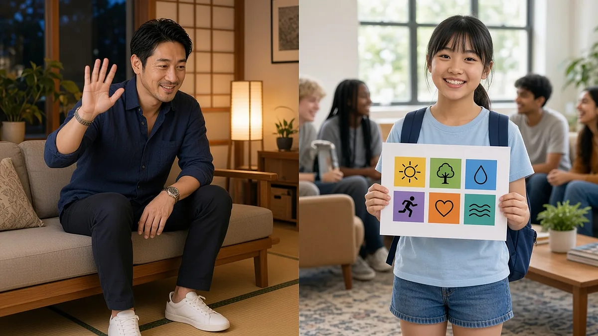 夜の日本の自宅にいる父と、サマースクールの寮で1日のスケジュール表を見せる娘のビデオ通話