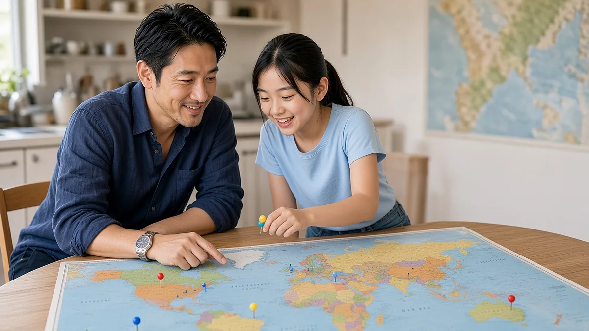 世界地図にピンを刺しながら、サマースクールの留学先の国を父と比べる娘