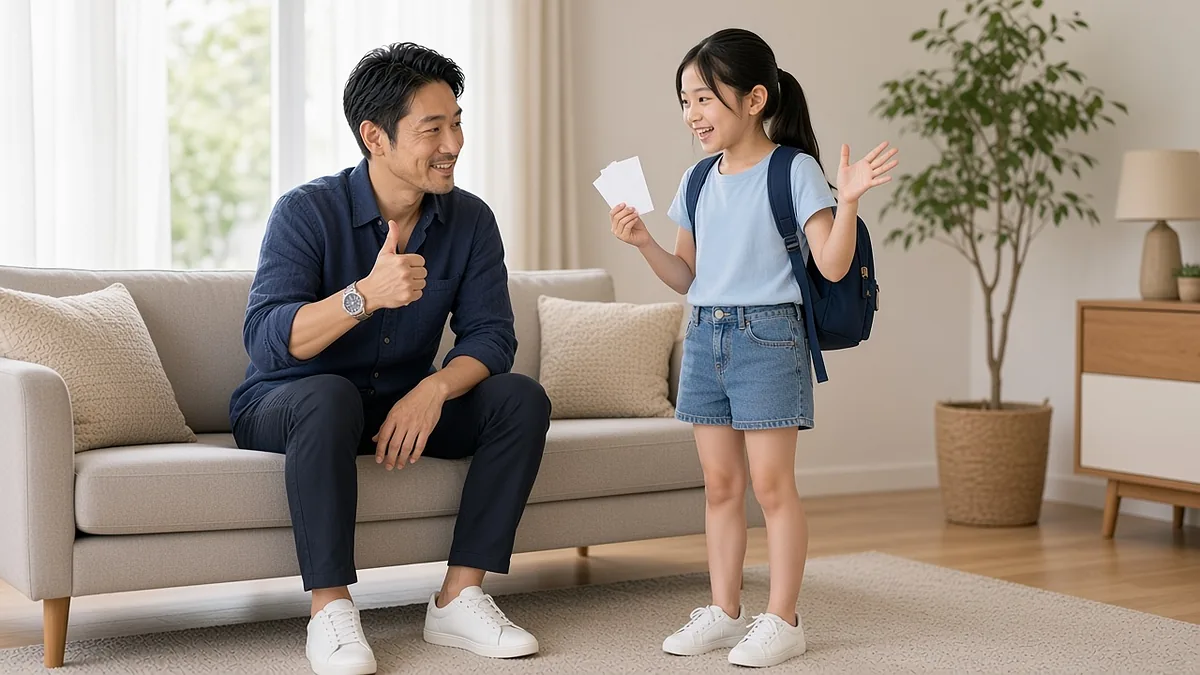 リビングで英語の自己紹介を練習する娘と、ソファで親指を立てて応援する父