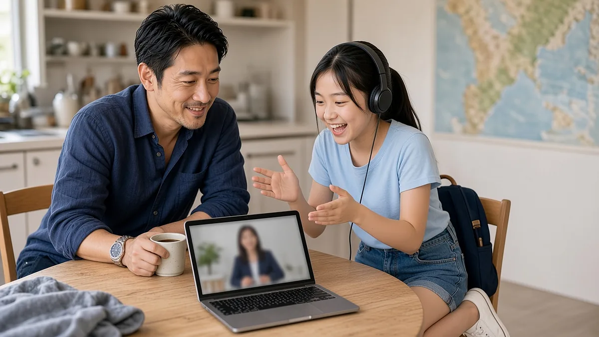 ヘッドホンをつけてオンライン英会話を受ける娘と、コーヒーを手にそばで見守る父