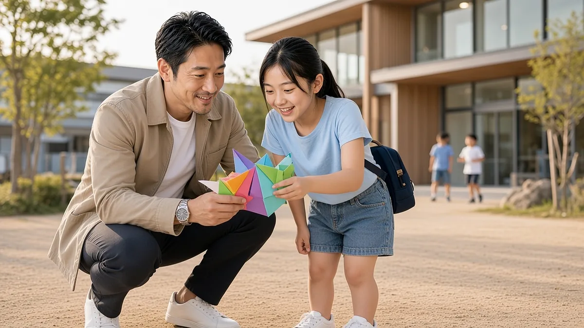 国内の英語デイプログラムのお迎えで、手作りの工作を父に見せる娘