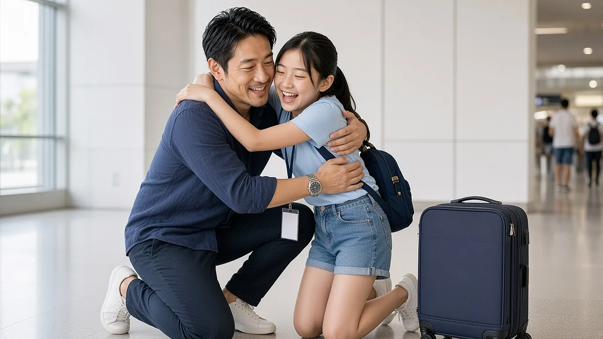 サマースクールから帰国し、空港の到着ロビーで父と抱き合って再会を喜ぶ娘